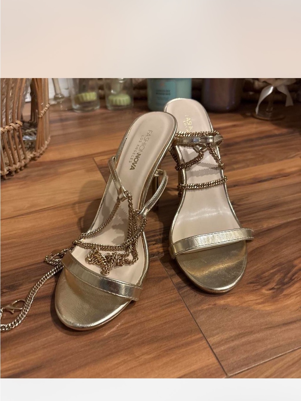 Fashion Nova Metallic Gold Chain-Strap Ankle Heeled Sandals